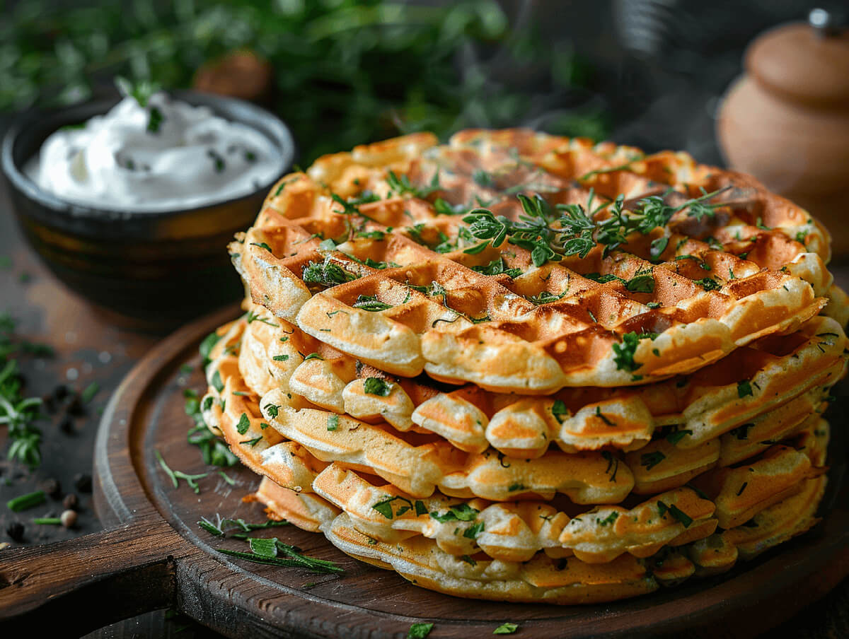 Bärlauchwaffeln, Zutaten wie Frischkäse, und Bärlauch dekorieren die Szene.
