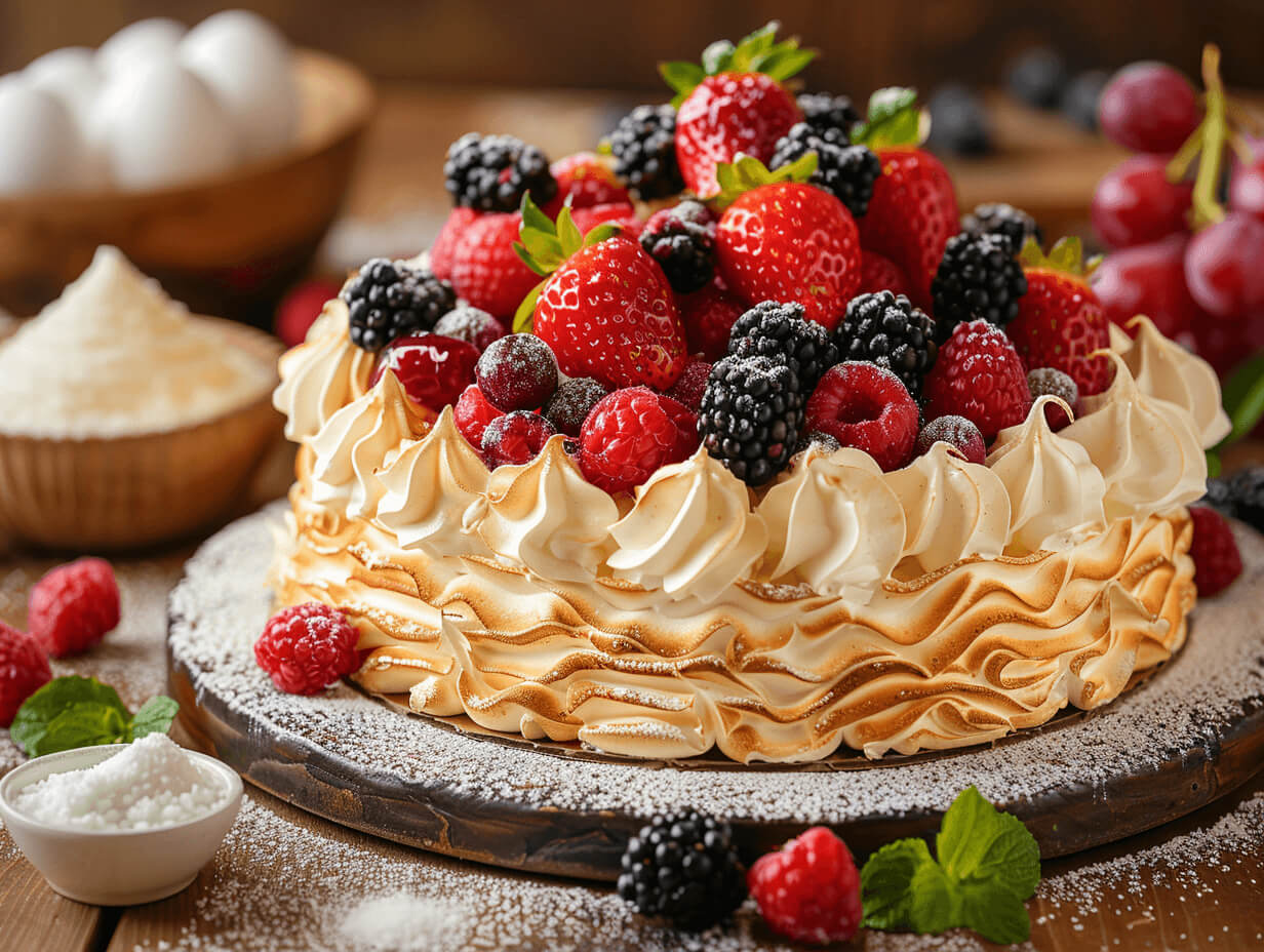 Baiserkuchen mit Früchten, Zutaten wie Beeren, Eier und Mehl dekorieren die Szene.