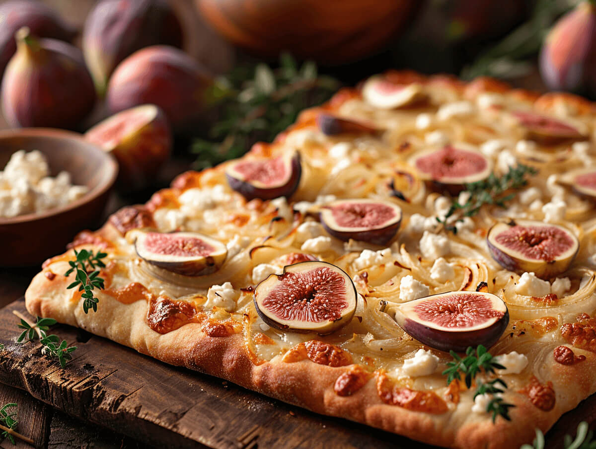 Flammkuchen, Zutaten wie Feigen, Ziegenkäse und Kräuter dekorieren die Szene.