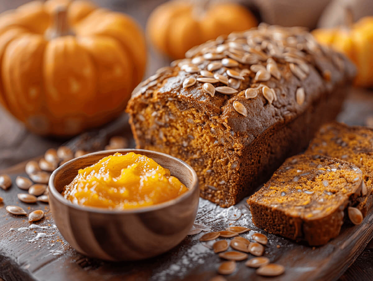 Kürbisbrot, Zutaten wie Kürbisse und Kürbiskerne dekorieren die Szene.