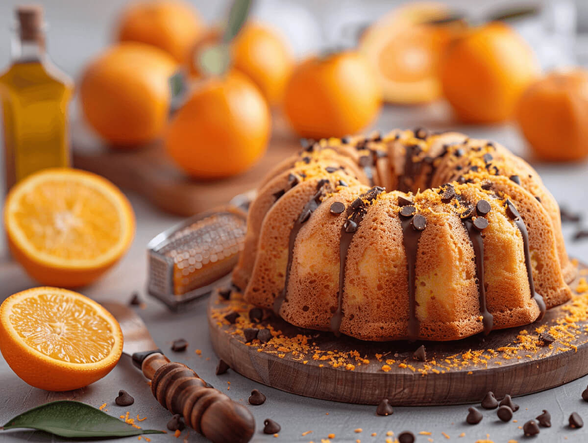 Orangenkuchen, Zutaten wie Leckers Bio Schoko-Tropfen und Orangen dekorieren die Szene.