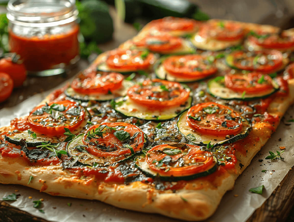 Vegan Pizza, Zutaten wie Tomaten, Zucchini und Kräuter dekorieren die Szene.